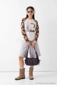 TRENDYOLMİLLA Ecru Sleeves Raglan Camo pattern Printed Knitting T-Shirt - Image 2