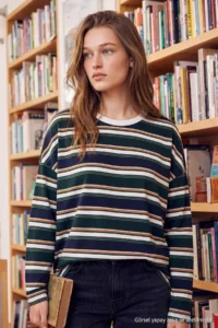 TRENDYOLMİLLA NAVY BLUE Striped Regular Crew Neck LONG Regular Combed Cotton single jersey Knitting T-Shirt - Image 7