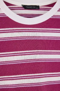 TRENDYOLMİLLA Plum Striped Regular Crew Neck LONG Regular Combed Cotton single jersey Knitting T-Shirt - Image 12