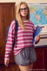 TRENDYOLMİLLA Plum Striped Regular Crew Neck LONG Regular Combed Cotton single jersey Knitting T-Shirt - Image 3