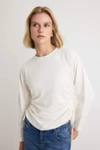 TRENDYOLMİLLA Ecru 100% Cotton Side Shirred Regular Pattern Drop Sleeve Knitting T-Shirt - Image 2