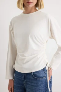 TRENDYOLMİLLA Ecru 100% Cotton Side Shirred Regular Pattern Drop Sleeve Knitting T-Shirt - Image 3