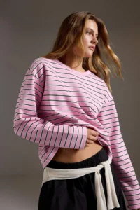 TRENDYOLMİLLA PINK Striped Premium Overisize/Wide Cut Crew Neck interlock Knitting T-Shirt