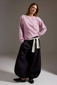TRENDYOLMİLLA PINK Striped Premium Overisize/Wide Cut Crew Neck interlock Knitting T-Shirt - Image 2