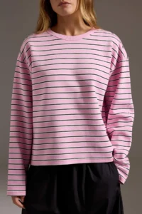 TRENDYOLMİLLA PINK Striped Premium Overisize/Wide Cut Crew Neck interlock Knitting T-Shirt - Image 3