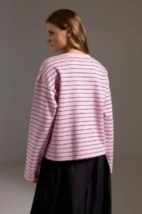 TRENDYOLMİLLA PINK Striped Premium Overisize/Wide Cut Crew Neck interlock Knitting T-Shirt - Image 4