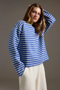 TRENDYOLMİLLA Saks BLUE Striped Premium Overisize/Wide Cut Crew Neck interlock Knitting T-Shirt - Image 2