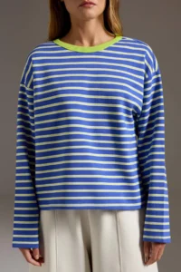 TRENDYOLMİLLA Saks BLUE Striped Premium Overisize/Wide Cut Crew Neck interlock Knitting T-Shirt - Image 3