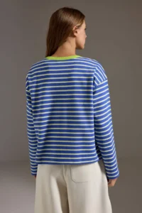 TRENDYOLMİLLA Saks BLUE Striped Premium Overisize/Wide Cut Crew Neck interlock Knitting T-Shirt - Image 4