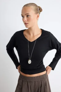 TRENDYOLMİLLA Black 100% Cotton Regular Pattern Sewing Detailed V-neck Bat Arm Knitting T-Shirt