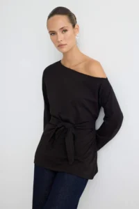 TRENDYOLMİLLA Black Tok 100% Cotton Binding Detailed Asymmetric Collar Oversized Knitting T-Shirt - Image 2