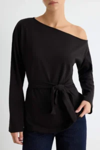 TRENDYOLMİLLA Black Tok 100% Cotton Binding Detailed Asymmetric Collar Oversized Knitting T-Shirt - Image 3
