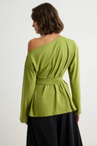 TRENDYOLMİLLA Oil Green Tok 100% Cotton Binding Detailed Asymmetric Collar Oversized Knitting T-Shirt - Image 5