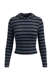 TRENDYOLMİLLA Black Striped Fitted Hooded Crop Viscose Flexible Knitting T-Shirt - Image 4