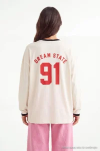 TRENDYOLMİLLA Cream Tok 100% Cotton College Printed Contrast Collar Oversized/Wide Cut Knitting T-Shirt - Image 6