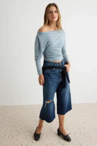 TRENDYOLMİLLA Gray Melange-BLUE Striped Asymmetric Collar Beli Shirred Knitting T-Shirt - Image 2