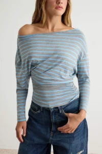 TRENDYOLMİLLA Gray Melange-BLUE Striped Asymmetric Collar Beli Shirred Knitting T-Shirt - Image 3