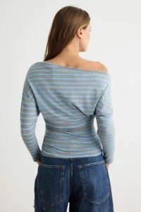 TRENDYOLMİLLA Gray Melange-BLUE Striped Asymmetric Collar Beli Shirred Knitting T-Shirt - Image 4