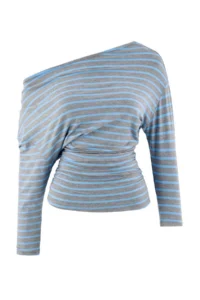 TRENDYOLMİLLA Gray Melange-BLUE Striped Asymmetric Collar Beli Shirred Knitting T-Shirt - Image 5