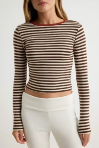 TRENDYOLMİLLA Brown Striped Fitted Crew Neck Cotton Flexible Knitting T-Shirt - Image 3