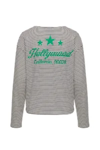TRENDYOLMİLLA NAVY BLUE Striped Slogan Printed Oversized/Wide Cut Cotton Knitting T-Shirt - Image 9