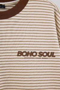 TRENDYOLMİLLA Brown Striped Front and Back Printed Oversized/Wide Cut Crew Neck Knitting T-Shirt - Image 6