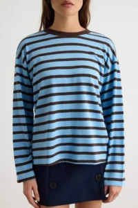 TRENDYOLMİLLA BLUE Brown Striped Oversized/Wide Cut Crew Neck Knitting T-Shirt - Image 3