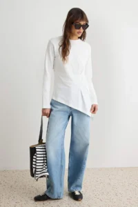 TRENDYOLMİLLA Ecru 100% Cotton Crew Neck Asymmetric Knitting T-Shirt - Image 2