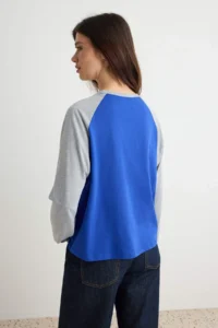 TRENDYOLMİLLA Saks BLUE Gray Melange 100% Cotton Color Bloklu Oversized Beyzbol Raglan Sleeve Knitting T-Shirt - Image 4