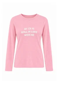 TRENDYOLMİLLA PINK Slogan Printed Long Sleeve Fitted Flexible Knitting T-Shirt