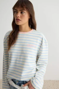 TRENDYOLMİLLA Light BLUE Striped Front and Back Slogan Printed Knitting T-Shirt