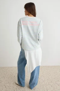 TRENDYOLMİLLA Light BLUE Striped Front and Back Slogan Printed Knitting T-Shirt - Image 2