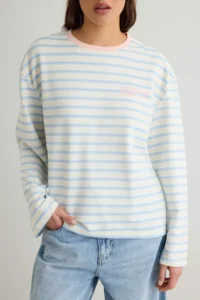 TRENDYOLMİLLA Light BLUE Striped Front and Back Slogan Printed Knitting T-Shirt - Image 3