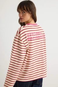 TRENDYOLMİLLA Stone Red Striped Front and Back Slogan Printed Knitting T-Shirt - Image 3