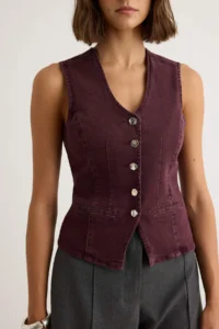 TRENDYOLMİLLA Burgundy Medium Flexible Fitted DENIM Vest - Image 3