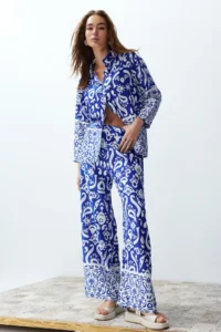 TRENDYOLMİLLA BLUE Zebra Patterned Weaving Shirt-Pants Set