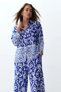 TRENDYOLMİLLA BLUE Zebra Patterned Weaving Shirt-Pants Set - Image 3