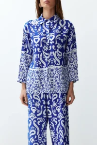 TRENDYOLMİLLA BLUE Zebra Patterned Weaving Shirt-Pants Set - Image 4