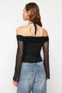 TRENDYOLMİLLA Black Flare Sleeve Binding Detailed Knitting Madonna Collar Blouse - Image 10