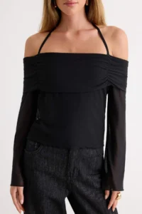 TRENDYOLMİLLA Black Flare Sleeve Binding Detailed Knitting Madonna Collar Blouse - Image 3