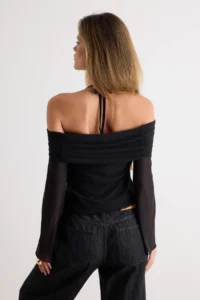 TRENDYOLMİLLA Black Flare Sleeve Binding Detailed Knitting Madonna Collar Blouse - Image 4
