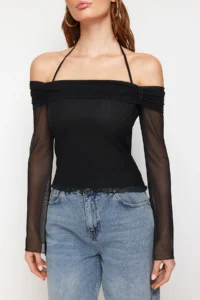 TRENDYOLMİLLA Black Flare Sleeve Binding Detailed Knitting Madonna Collar Blouse - Image 8