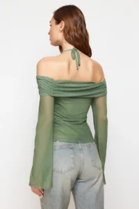 TRENDYOLMİLLA Khaki Flare Sleeve Binding Detailed Knitting Madonna Collar Blouse - Image 10