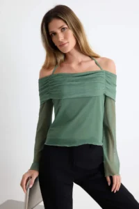 TRENDYOLMİLLA Khaki Flare Sleeve Binding Detailed Knitting Madonna Collar Blouse - Image 2