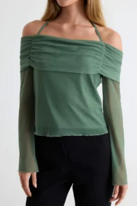 TRENDYOLMİLLA Khaki Flare Sleeve Binding Detailed Knitting Madonna Collar Blouse - Image 3