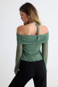 TRENDYOLMİLLA Khaki Flare Sleeve Binding Detailed Knitting Madonna Collar Blouse - Image 4