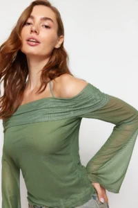 TRENDYOLMİLLA Khaki Flare Sleeve Binding Detailed Knitting Madonna Collar Blouse - Image 5