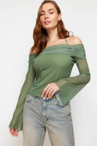 TRENDYOLMİLLA Khaki Flare Sleeve Binding Detailed Knitting Madonna Collar Blouse - Image 6