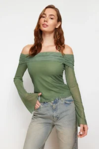 TRENDYOLMİLLA Khaki Flare Sleeve Binding Detailed Knitting Madonna Collar Blouse - Image 7