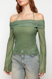 TRENDYOLMİLLA Khaki Flare Sleeve Binding Detailed Knitting Madonna Collar Blouse - Image 8